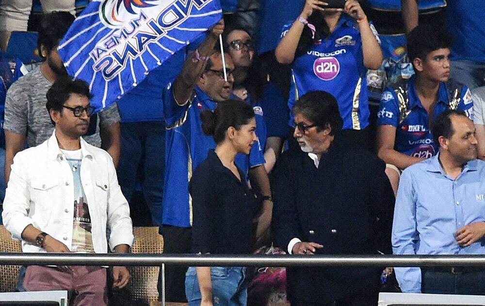 Bollywood actor Amitabh Bachchan with Deepika Padukone and Irfan Khan during the Kolkata Knight Riders and Mumbai Indians IPL T20 match played in Mumbai.