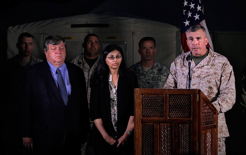 Lt. Gen. John E. Wissler speaks during a press meet in Kathmandu, Nepal. Nepalese rescuers on Friday found three bodies near the wreckage of a US Marine helicopter, identified as UH-1 “Huey”, that disappeared earlier this week while on a relief mission in the earthquake-hit Himalayan nation, and officials said it was unlikely there were any survivors from the crash. 