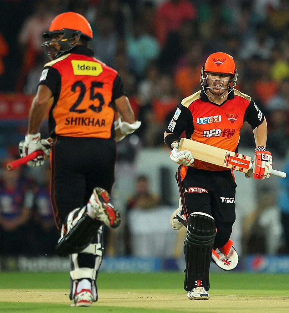 Shikhar Dhawan of the Sunrisers Hyderabad and David Warner during an IPL 8 matcha against Royal Challengers Bangalore in Hyderabad.