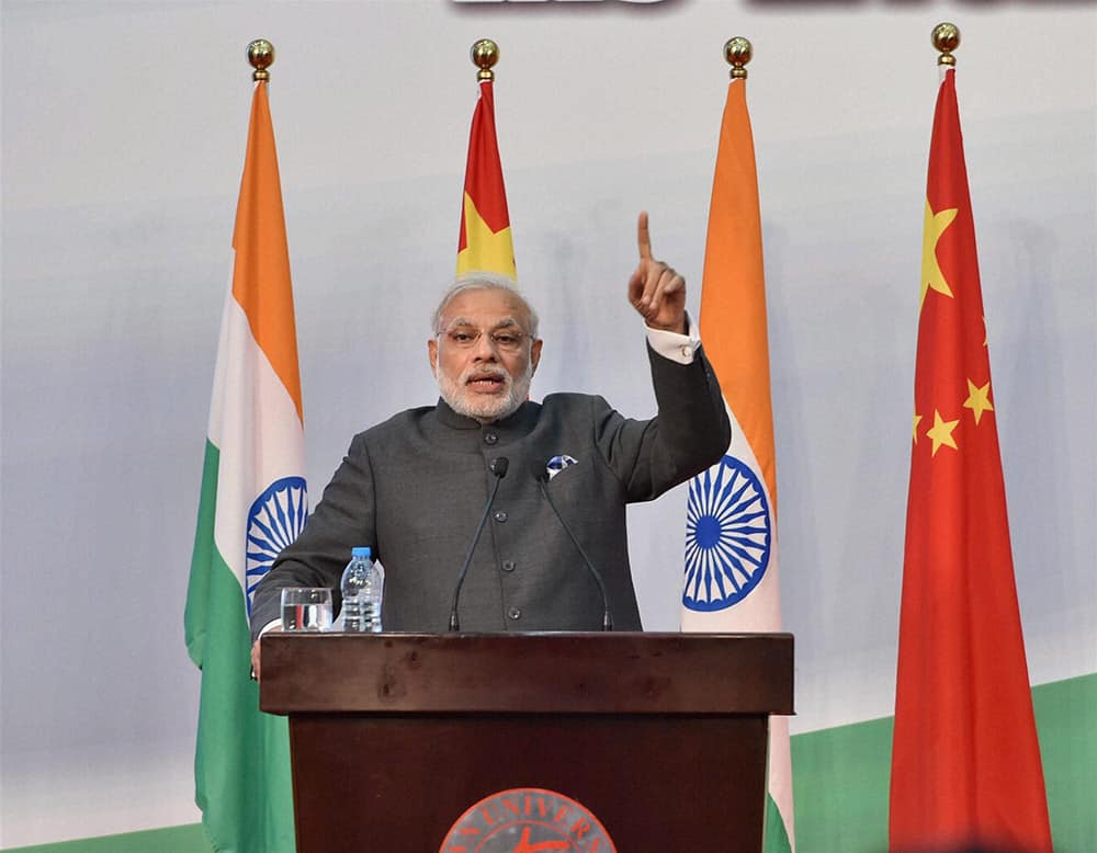 Prime Minister Narendra Modi addresses during opening ceremony of Centre for Gandhian & Indian Studies at Fudan University in Shanghai.