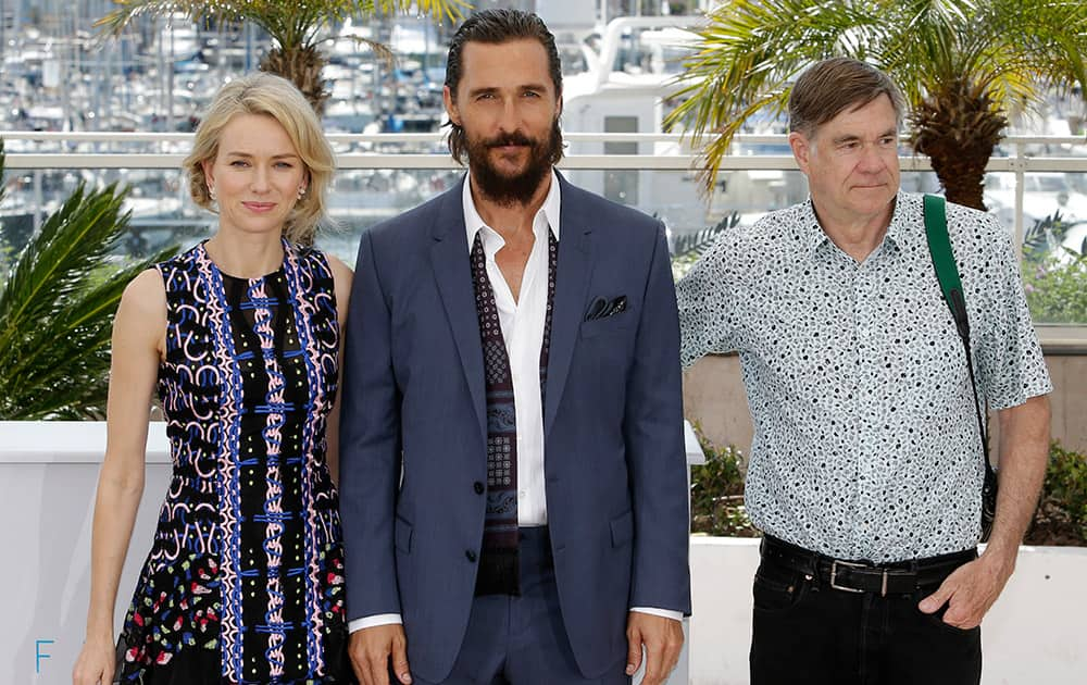 Actors Naomi Watts, Matthew McConaughey and director Gus Van Sant pose for photographers during a photo call for the film The Sea of Trees, at the 68th international film festival, Cannes, southern France.