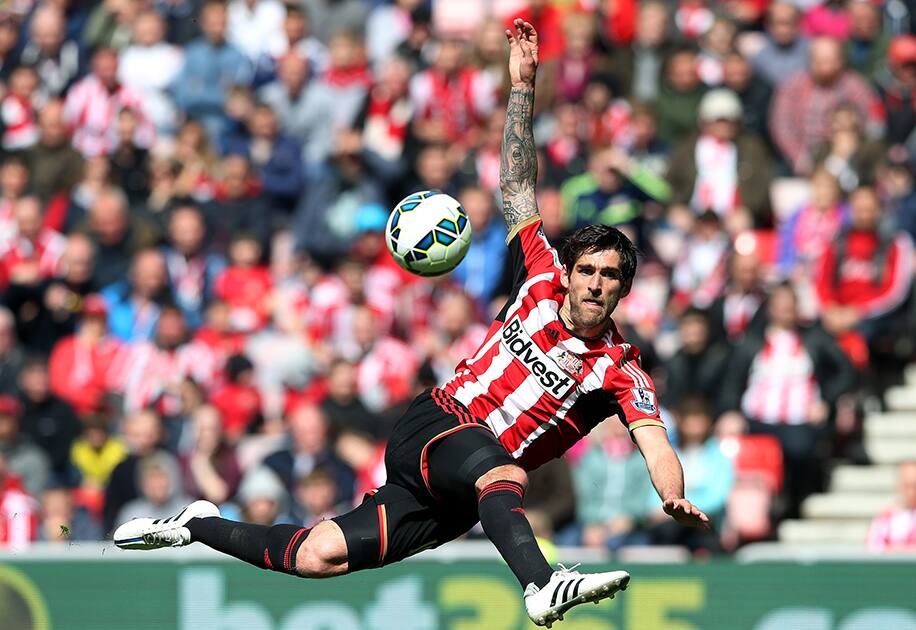 Sunderland's Danny Graham has a shot towards goal during their English Premier League soccer match between Sunderland and Leicester City at the Stadium of Light, Sunderland.