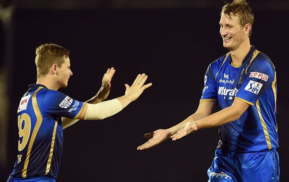 Rajasthan Royals bowler Morris celebrates the wicket of Kolkata Knight Riders batsman Andre Russell during the IPL match in Mumbai.