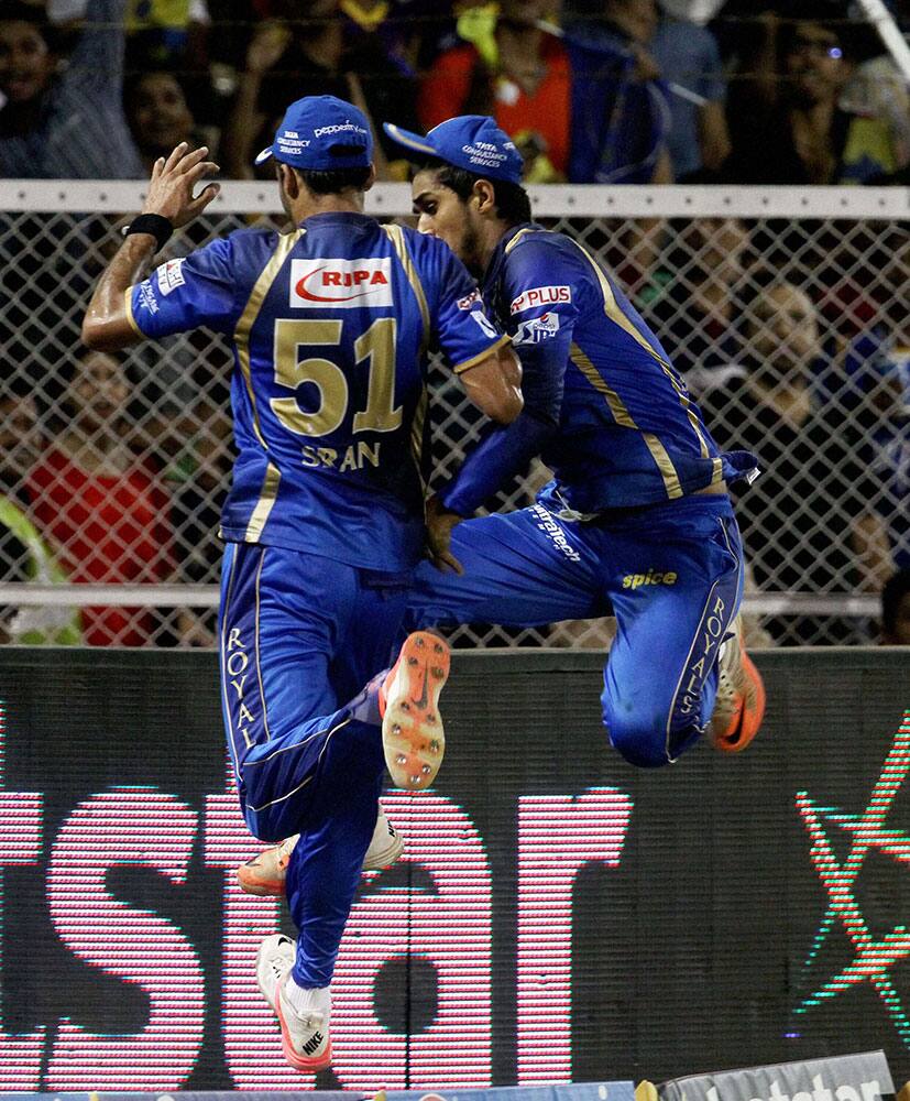 Rajasthan Royals players Deepak Hooda and Barinder Singh Sran collides during an IPl 8 against Kolkata Knight Riders in Mumbai.