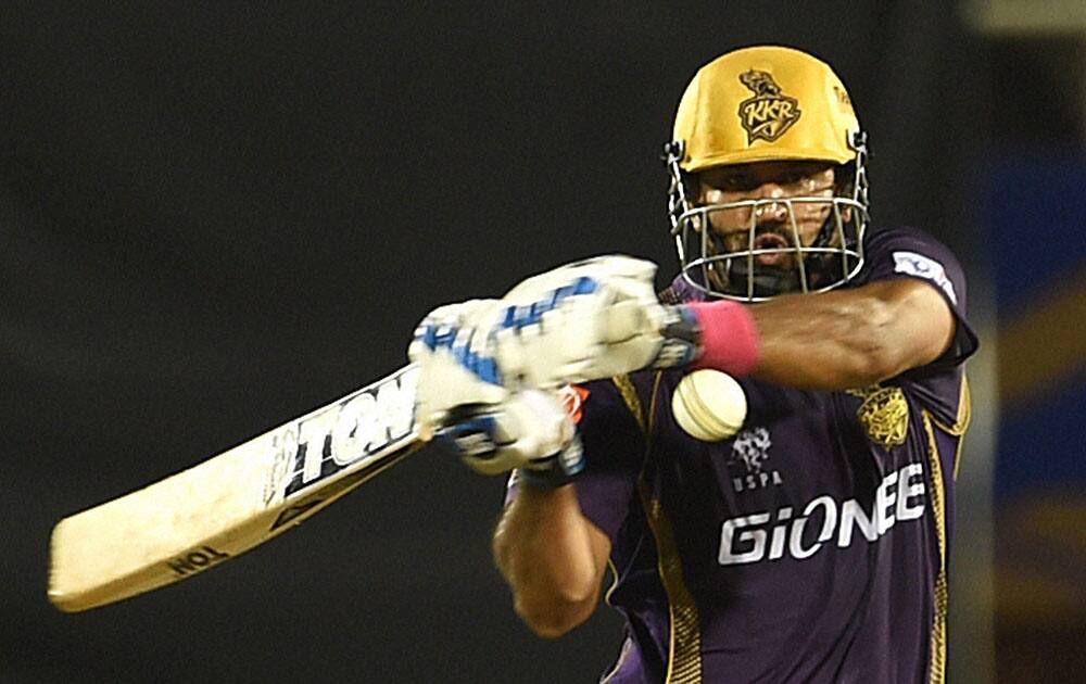 Kolkata Knight Riders batsman Yusuf Pathan plays a shot during a IPL match played against Rajasthan Royals in Mumbai.