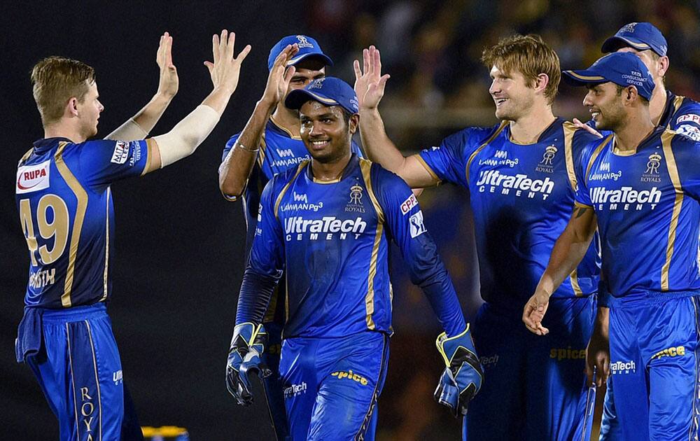 Rajasthan Royals bowler Shane Watson celebrates the wicket of Kolkata Knight Riders batsman Yusuf Pathan during the IPL match in Mumbai.