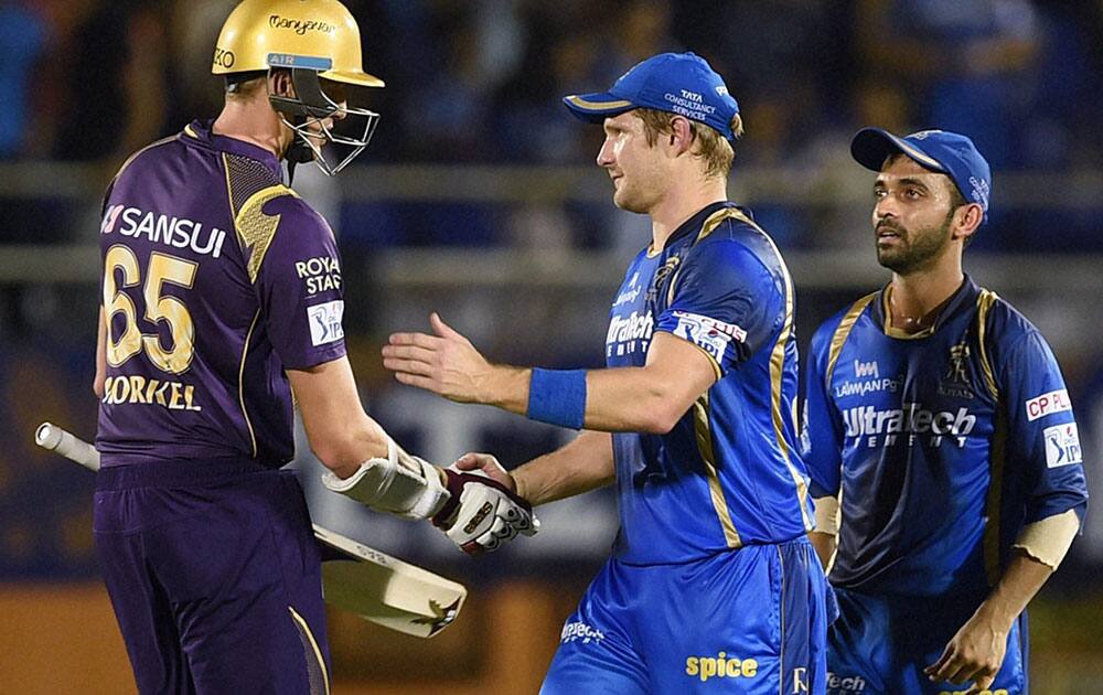 Rajasthan Royals bowler Shane Watson celebrates the wicket of Kolkata Knight Riders batsman Yusuf Pathan during the IPL match in Mumbai.