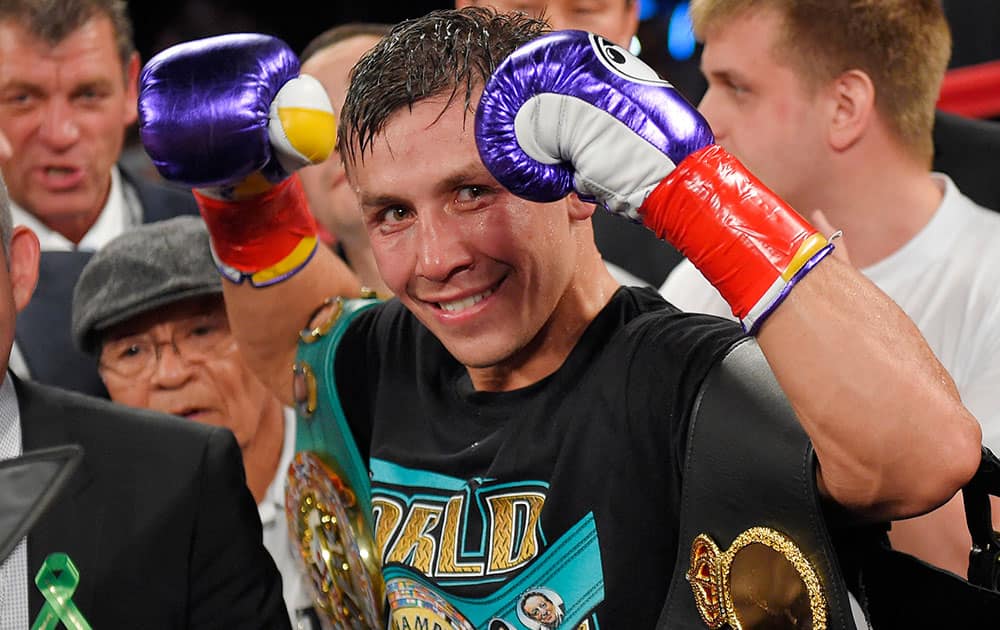 Gennady Golovkin, of Kazakhstan, poses after defeating Willie Monroe Jr. in a middleweight boxingbout, in Inglewood, Calif. 