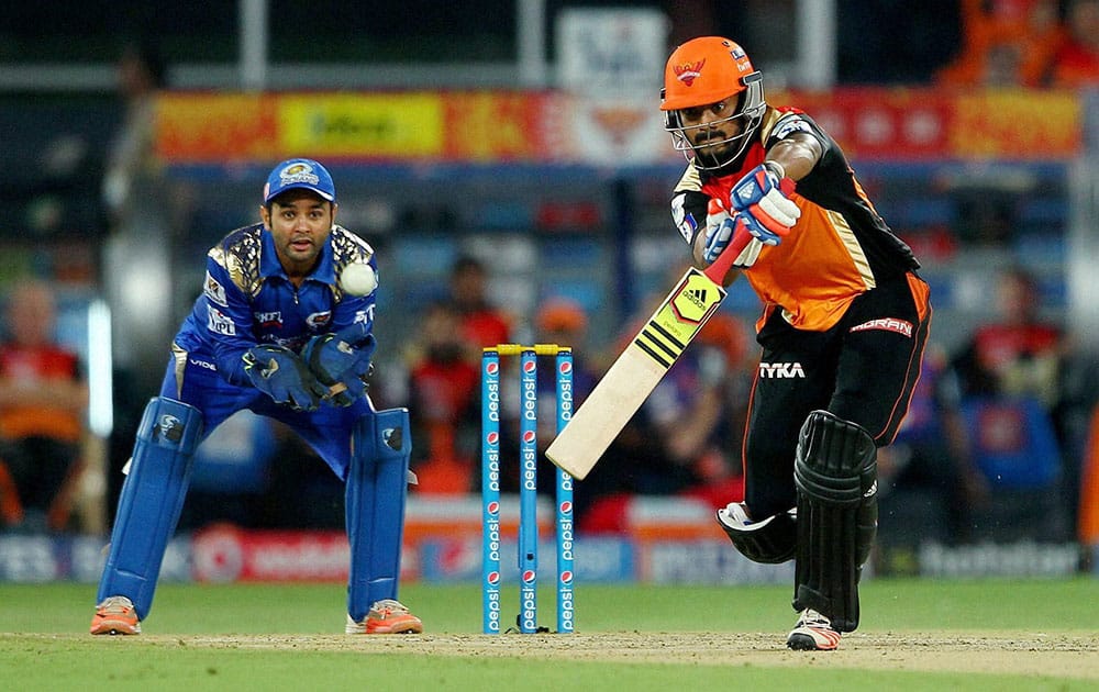 Sunrisers Hyderabad batsman KL Rahul plays a shot during the IPL match against Mumbai Indians in Hyderabad.