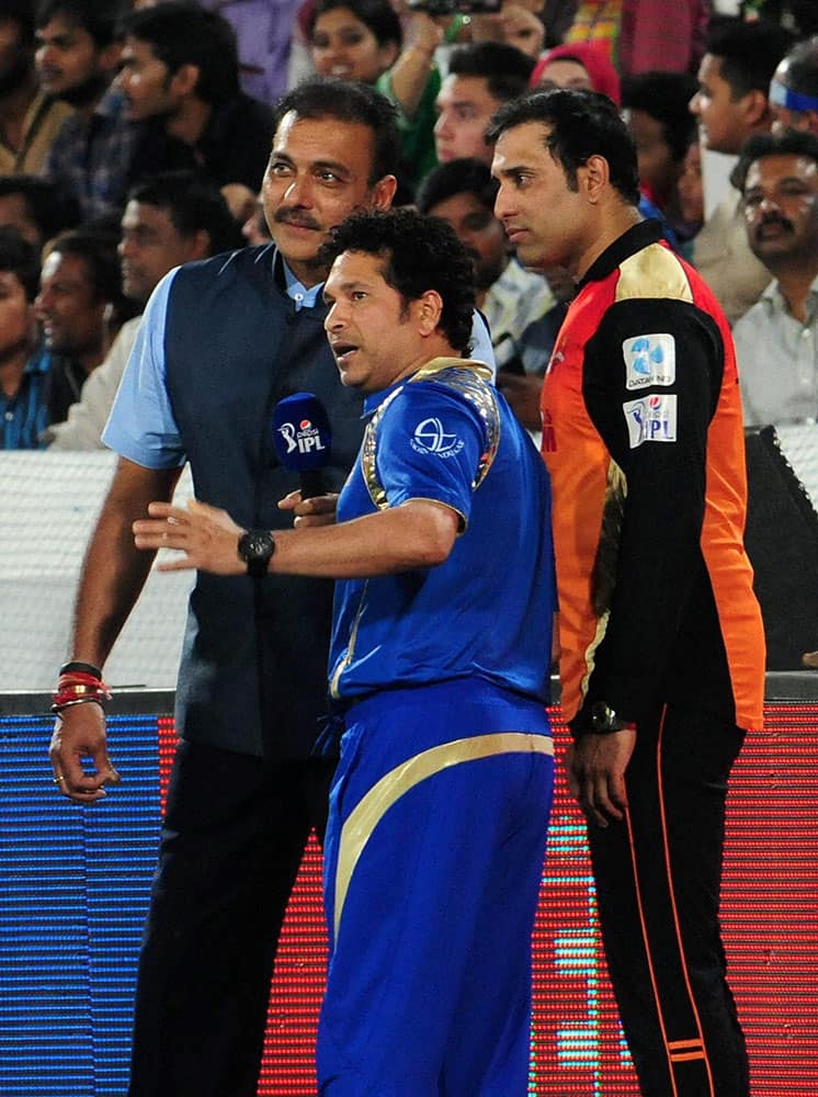 Mentors Sachin Tendulkar (MI), VV Laxman (SH) with former cricketer Ravi Shastri during the IPL match between Sunrisers Hyderabad and Mumbai Indians.