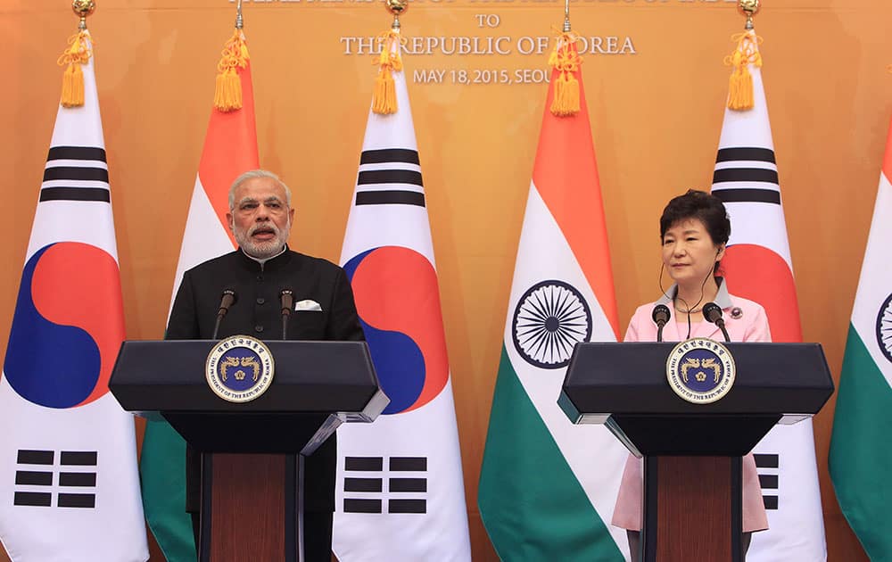 Prime Minister Narendra Modi and South Korean President Park Geun-hye hold a joint news conference at the presidential Blue House in Seoul, South Korea. 