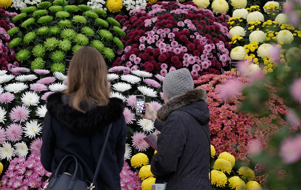 People view flowers on display, at the Chelsea Flower Show in London. Horticulturists from around the world are displaying their garden designs at the Royal Hospital in Chelsea, London, and the premier garden and social event opens to the public on Tuesday.