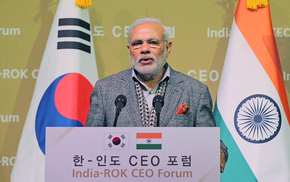 Prime Minister Narendra Modi speaks during India-South Korea CEO Forum in Seoul, South Korea.