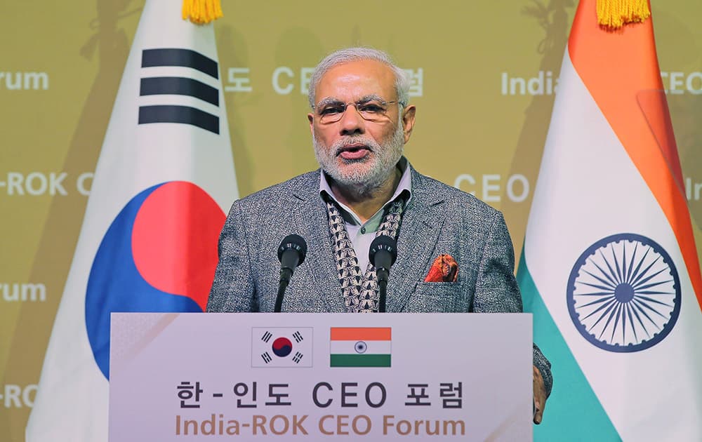 Prime Minister Narendra Modi speaks during India-South Korea CEO Forum in Seoul, South Korea.