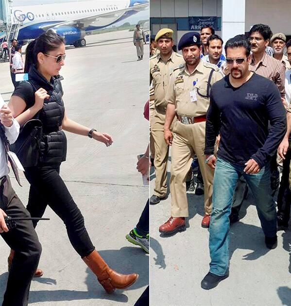 Kareena Kapoor and Salman Khan at International Airport in Srinagar during his departure after shooting for their film Bajrangi Bhaijaan. 