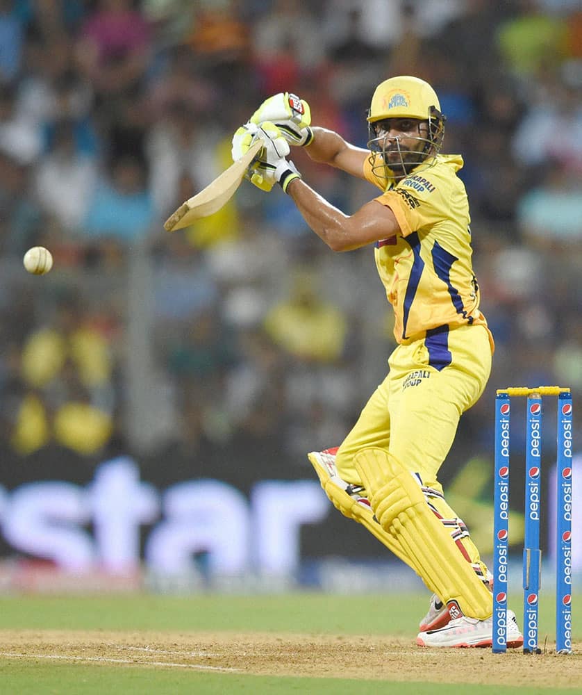 Chennai Super Kings player Ravindra Jadeja plays a shot during the first qualifier match of IPL against Mumbai Indians in Mumbai.