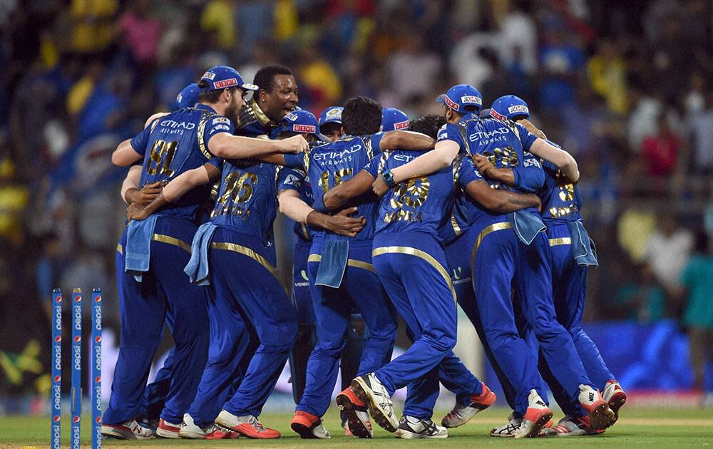 Mumbai Indians players celebrates the victory over Chennai Super Kings during the first qualifier match of IPL in Mumbai.