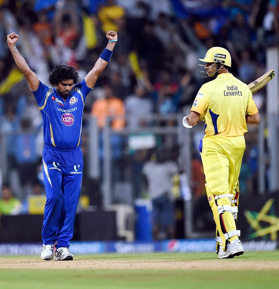 Mumbai Indians player Lasith Malinga celebrates the victory over Chennai Super Kings during the first qualifier match of IPL in Mumbai.