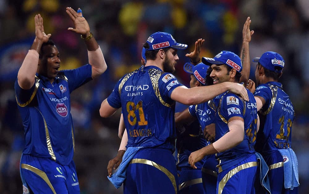 Mumbai Indians players celebrates the victory over Chennai Super Kings during the first qualifier match of IPL in Mumbai.