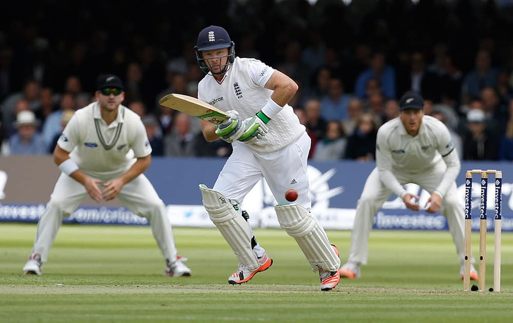 England's Ian Bell plays a shot off the bowling of New Zealand's Tim Southee during the first day of the first Test match at Lord's cricket ground in London.