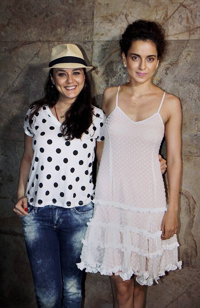 Bollywood actors Preity Zinta and Kangana Ranaut during the screening of film Tanu Weds Manu Returns, in Mumbai.