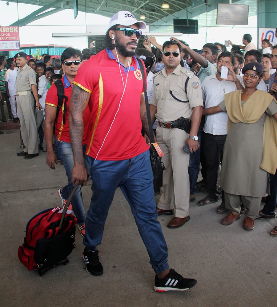 Chris Gayle of Royal Challenge Bangalore (RCB) arrives at Birsa Munda International Airport, Hinoo in Ranchi.