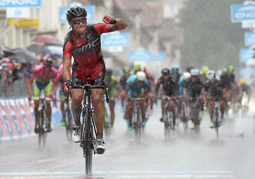 Belgium's Philippe Gilbert celebrates as he crosses the finish line to win the 12th stage of the Giro d'Italia, Tour of Italy cycling race from Imola to Vicenza, Italy