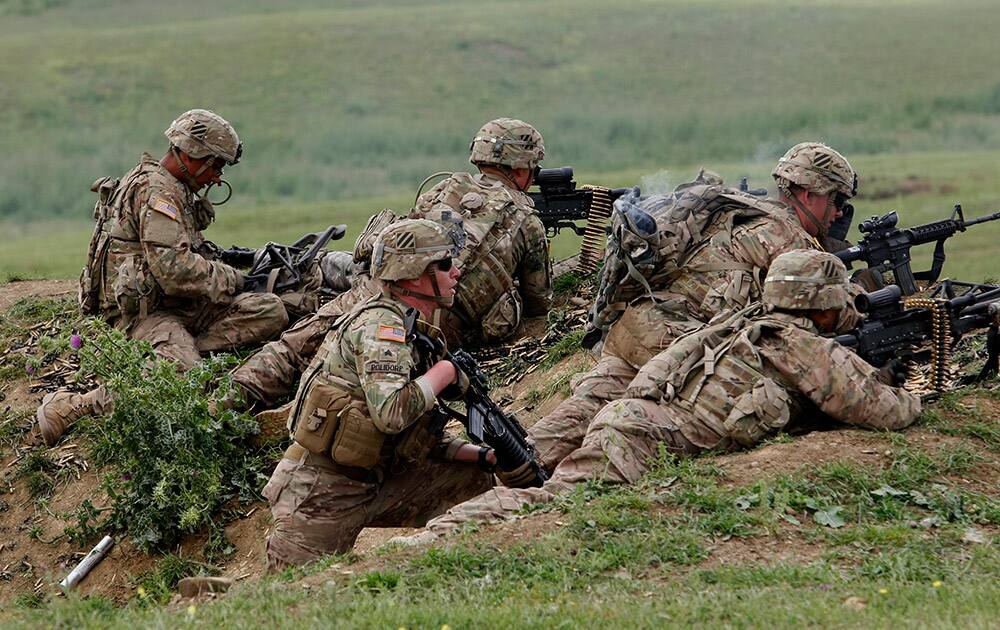 US and Georgian servicemen take part in the joint US-Georgia military exercise at the Vaziani base outside the Georgian capital, Tbilisi, Georgia.