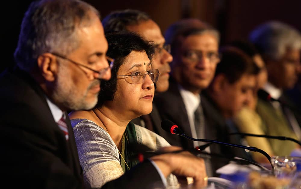 Chairman of the State Bank of India (SBI) Arundhati Bhattacharya listens to a question from a journalist during an interaction with the media in Kolkata.