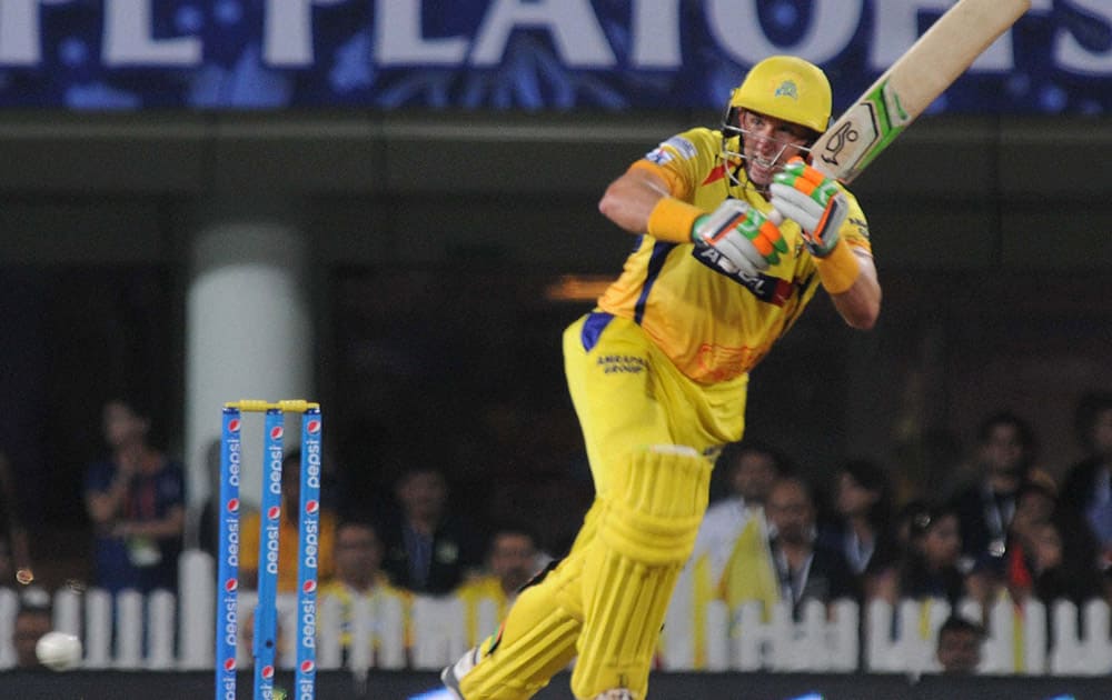 Chennai Super Kings M Hussey plays a shot against Royal Challngers Bangalore during the 2nd qualifier match of IPL 8 at Ranchi.