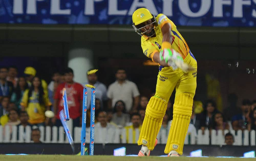 Chennai Super Kings D Barvo clean bowled during the 2nd qualifier match of IPL 8 against Royal Challngers Bangaloreat Ranchi.