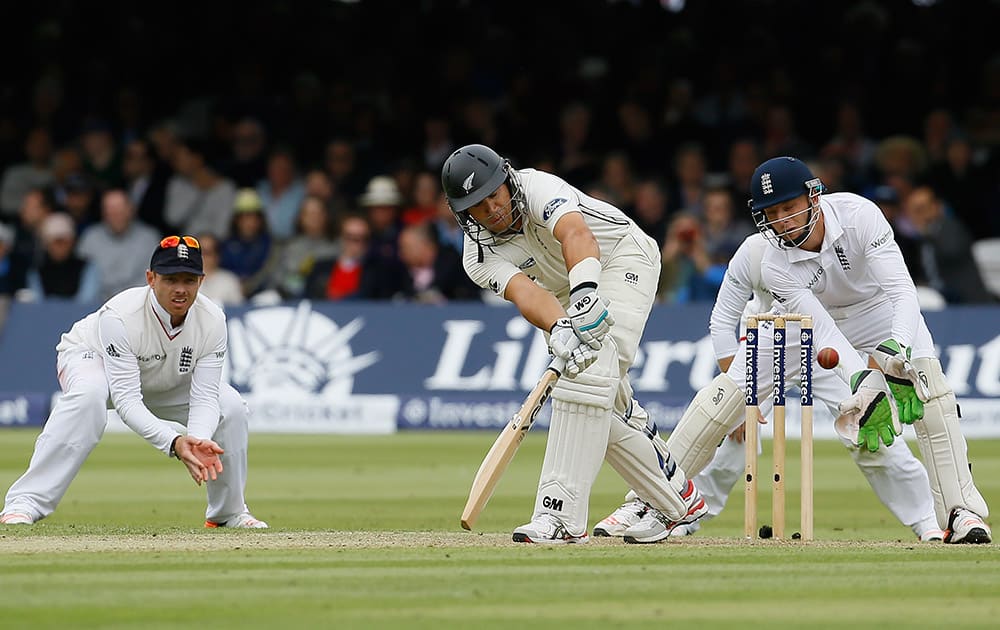 New Zealand's Ross Taylor plays a shot off the bowling of England's Moeen Ali during the second day of the first Test match between England and New Zealand at Lord's cricket ground in London.