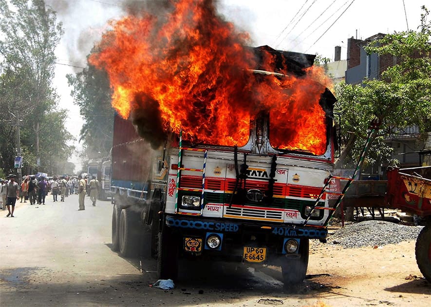 Irate mob torch a truck after it killed a man in a road accident in Ara, Bihar.