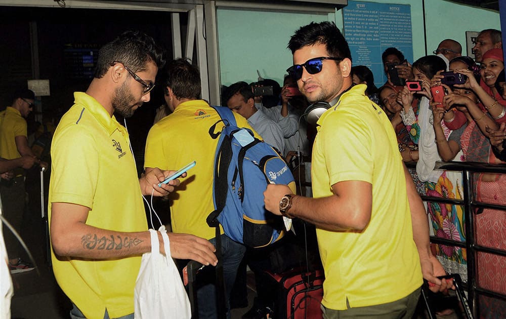 Chennai Super King (CSK) players Ravindra Jadeja and Suresh Raina at Birsa Munda International Airport in Ranchi to catch flight for Kolkata on Saturday to play Indian Premier League (IPL) final match against Mumbai Indians.