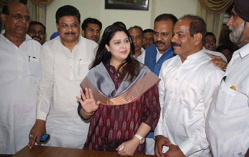 Actress and Congress leader Nagma at a party meeting in Meerut.