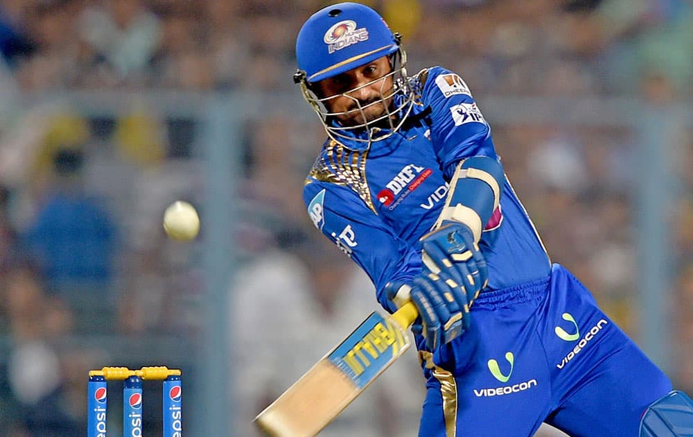 Mumbai Indian batsman Harbhajan Singh plays a shot during IPL Final against CSK at Eden Garden in Kolkata.