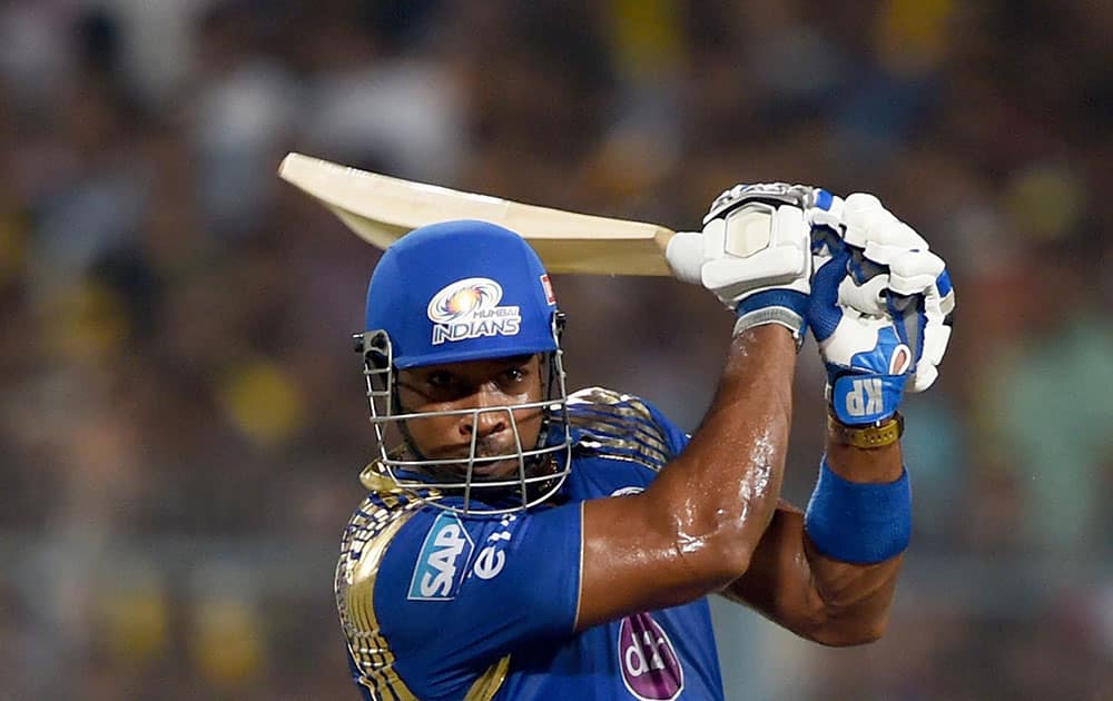 Mumbai Indian batsman Kieron Pollard plays a shot during IPL Final against CSK at Eden Garden in Kolkata.