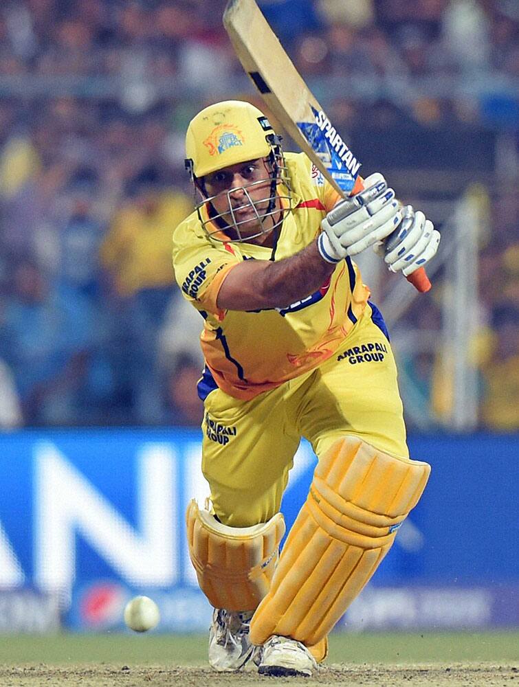 Chennai Super Kings Captain M S Dhoni plays a shot during the IPL final match against Mumbai Indian at Eden Garden in Kolkata.