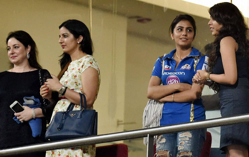 Bharat Ratna Sachin Tendulkars wife Anjali with Vinay Kumar wife(2nd left) and Rohit Sharmas Fiancee (R) during the Mumbai Indians team celebration of IPL 2015 win at Wankhede stadium in Mumba.