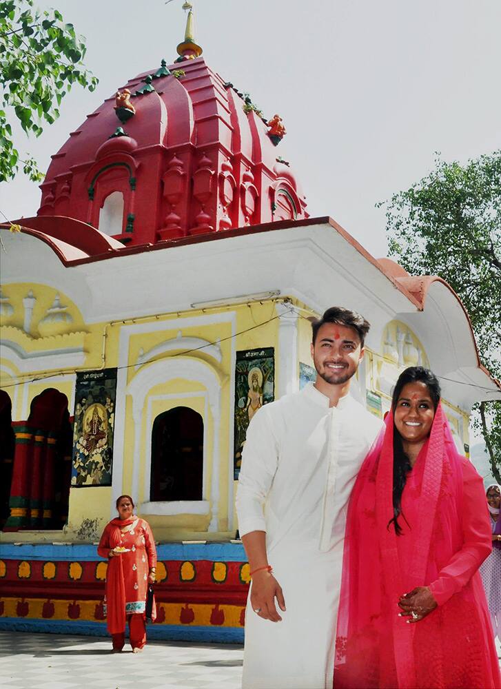 Salman Khans sister Arpita Khan and her husband Aayush Sharma at Tarna Temple in Mandi.