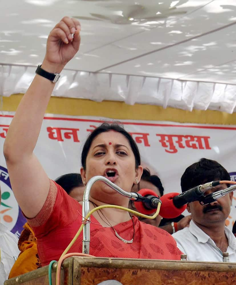 HRD Minister Smriti Irani addresses a public meeting at Misrauli in Amethi.