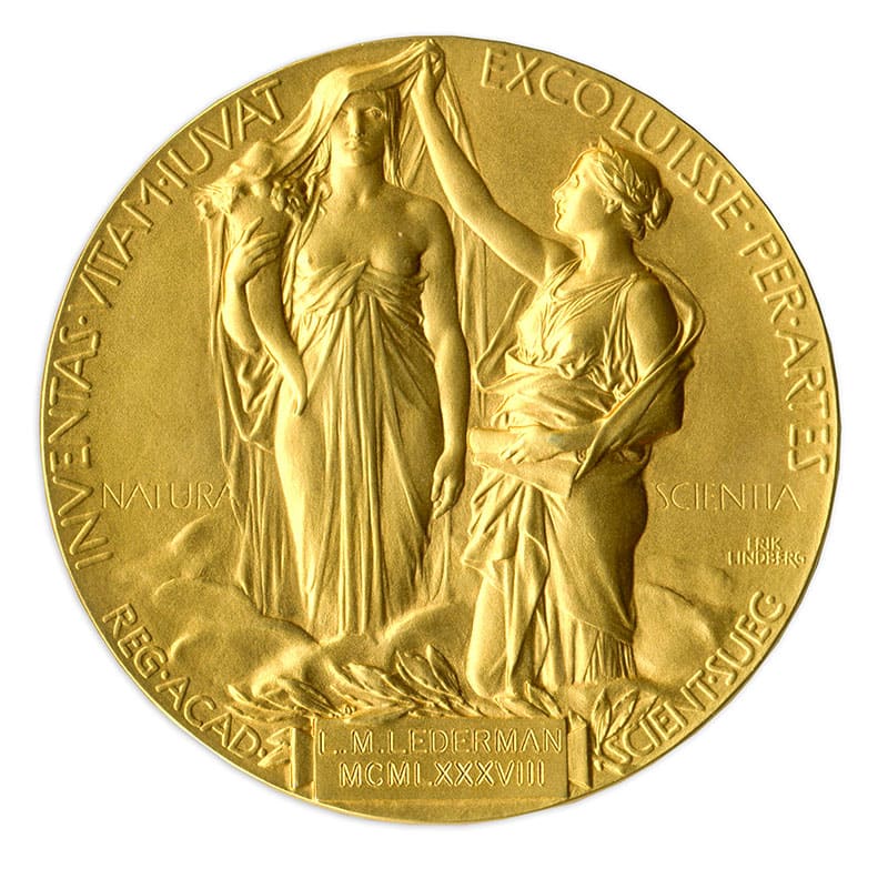 This image shows the reverse of the 1988 Nobel Prize in Physics awarded to Dr. Leon Lederman. The award will be auctioned by Nate D. Sanders Auctions on May 28, 2015.