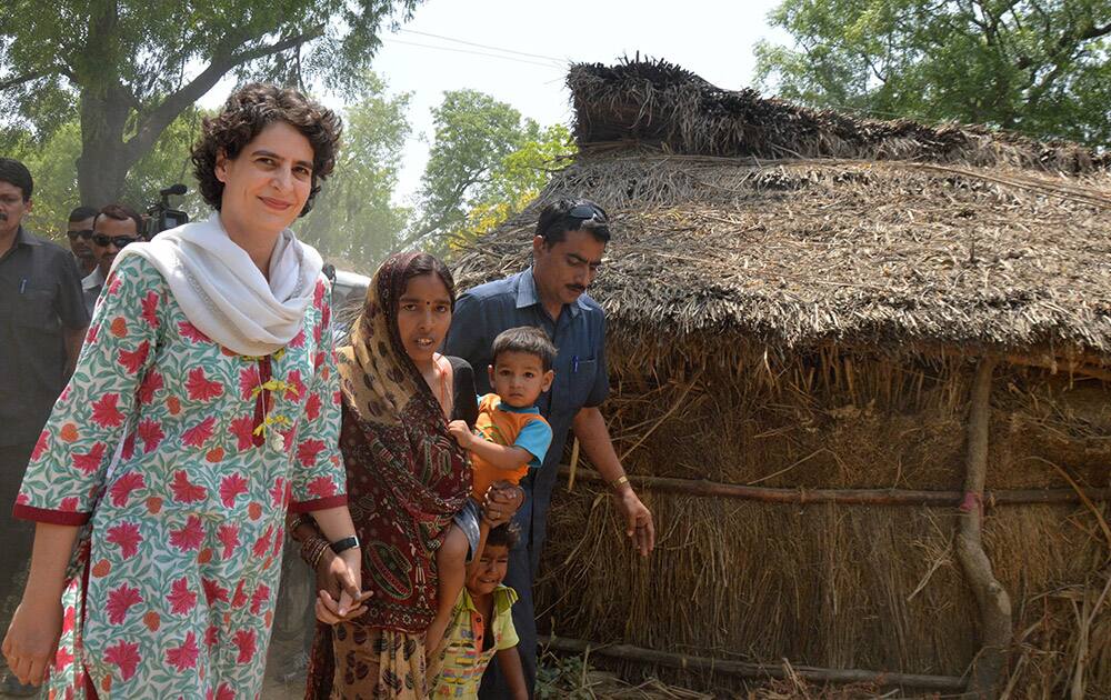 Priyanka Vadra in a village during her visit to Raebareli in Uttar Pradesh.