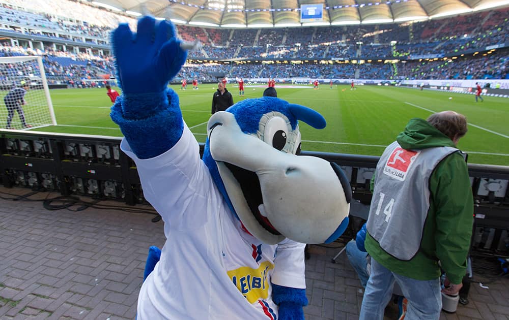 Hamburg's mascot 'Hermann' cheers the fans prior the German first division Bundesliga first leg relegation soccer match between Hamburger SV and Karlsruher SC in Hamburg, Germany.