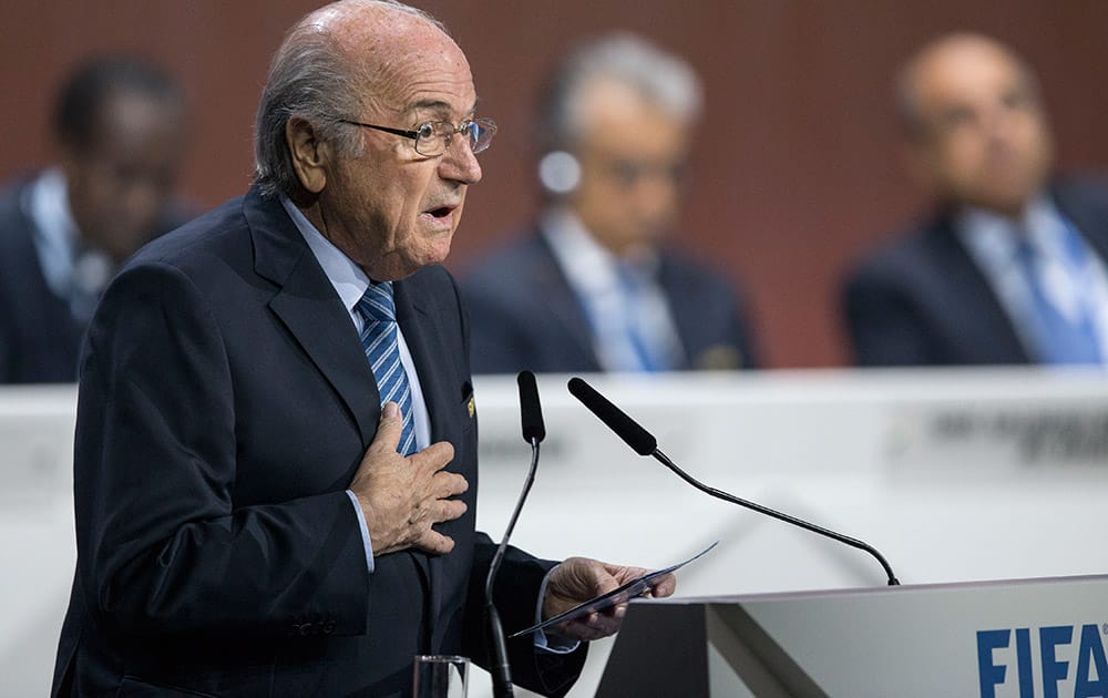 FIFA president Joseph S. Blatter speaks during the 65th FIFA Congress held at the Hallenstadion in Zurich, Switzerland, where he runs for re-election as FIFA head.