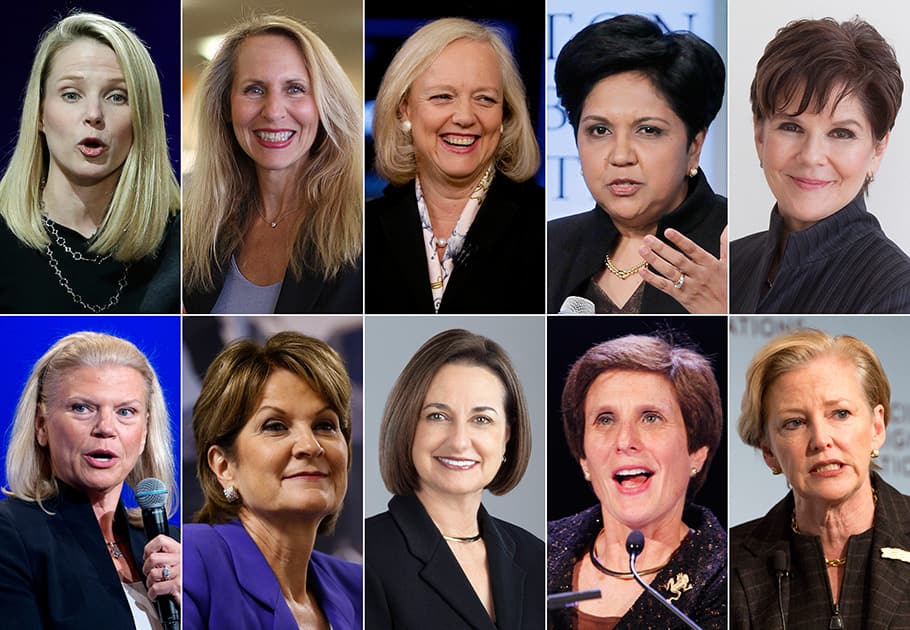 This photo shows the ten highest-paid female CEOs in 2014, according to a study carried out by executive compensation data firm Equilar and The Associated Press. Top row, from left: Marissa Mayer, Yahoo; Carol Meyrowitz, TJX Cos.; Meg Whitman, Hewlett-Packard; Indra K. Nooyi, Pepsico; and Phebe Novakovic, General Dynamics. Bottom row, from left: Virginia Rometty, IBM; Marilyn Hewson, Lockheed Martin; Patricia Woertz, Archer Daniels Midland; Irene Rosenfeld, Mondelez International; and Ellen Kullman, DuPont. 