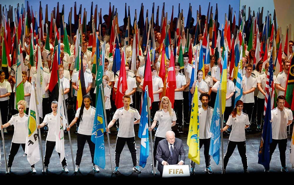 FIFA President Sepp Blatter, front speaks at the opening ceremony of the FIFA congress in Zuerich, Switzerland. The FIFA congress with the president's election is scheduled for Friday, May 29, 2015 in Zurich.