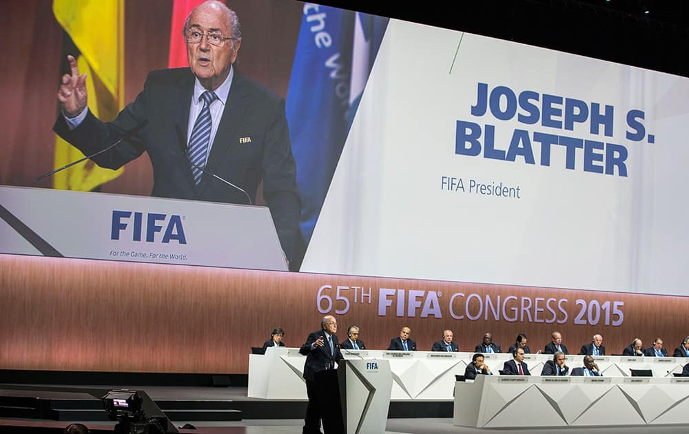 FIFA President Joseph S. Blatter speaks during the 65th FIFA Congress held at the Hallenstadion in Zurich, Switzerland.