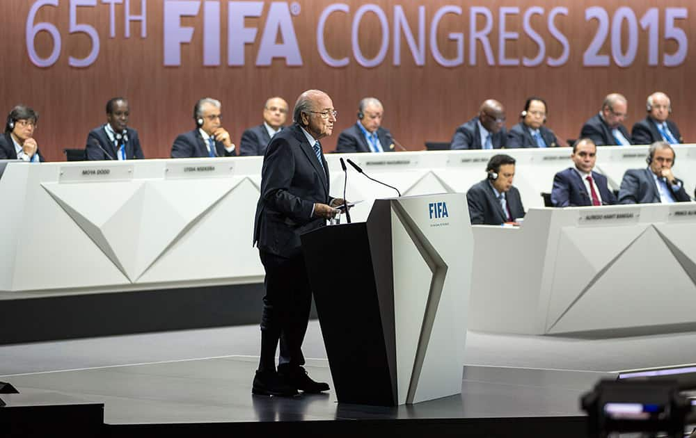 FIFA President Joseph S. Blatter speaks during the 65th FIFA Congress held at the Hallenstadion in Zurich, Switzerland.