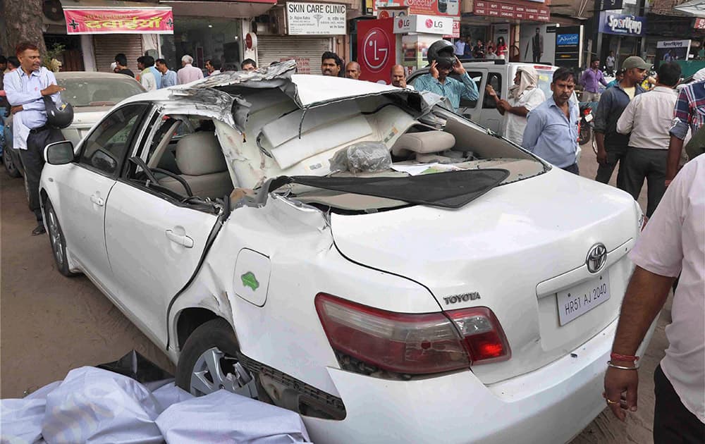 A car damaged after a Cylinder Blast in Faridabad.